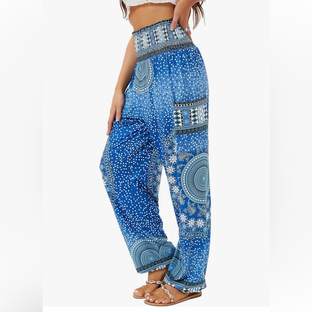 Harem Pants Women Yoga Boho Clothes with Pockets  circle blue
